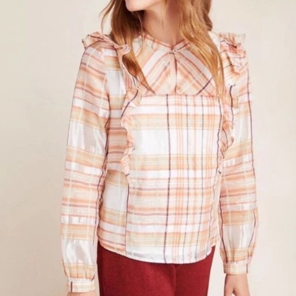 Anthropologie Current Air Plaid Ruffle Polly Blouse Top Womens Size S - EUC!